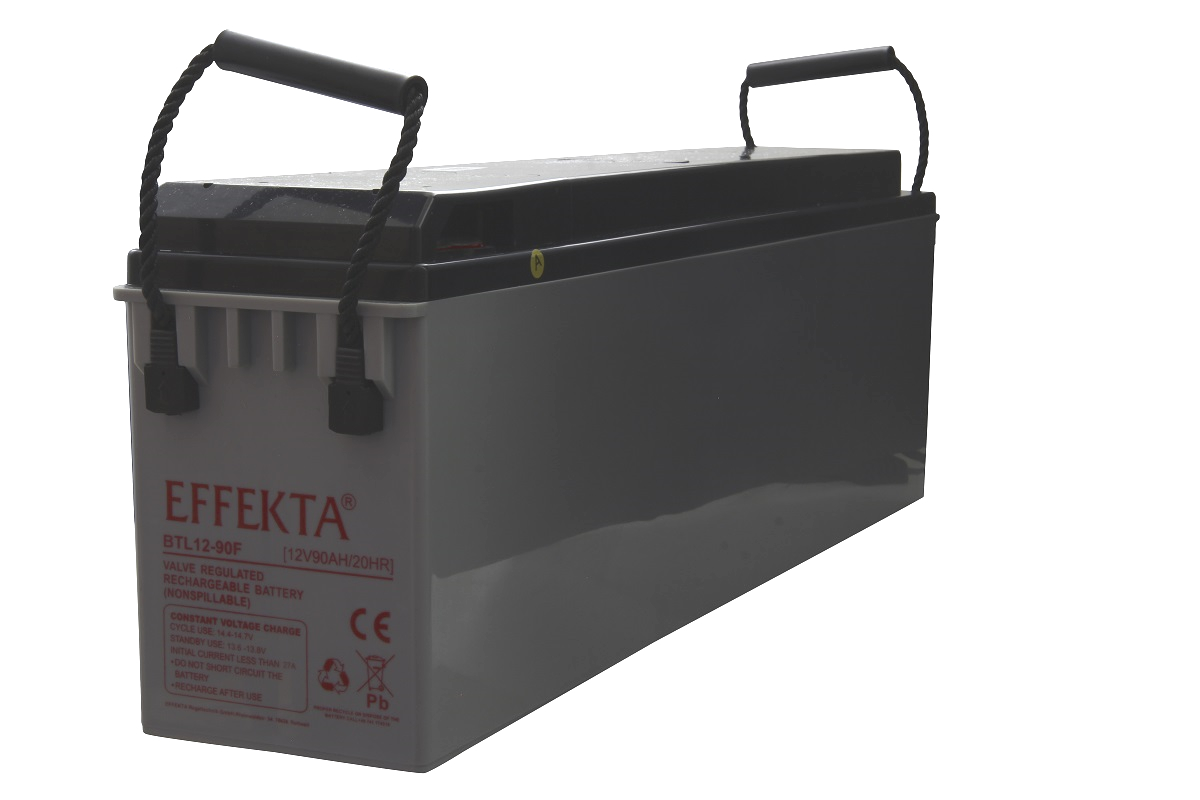 Graue, rechteckige VRLA-Blei-Säure-Batterie EFFEKTA, Modell BTL12-90F, 12V 90Ah. Schwarze Abdeckung, zwei robuste schwarze Tragegriffe. Vorderseite mit Ladehinweisen, CE- und Entsorgungssymbolen in Rot.