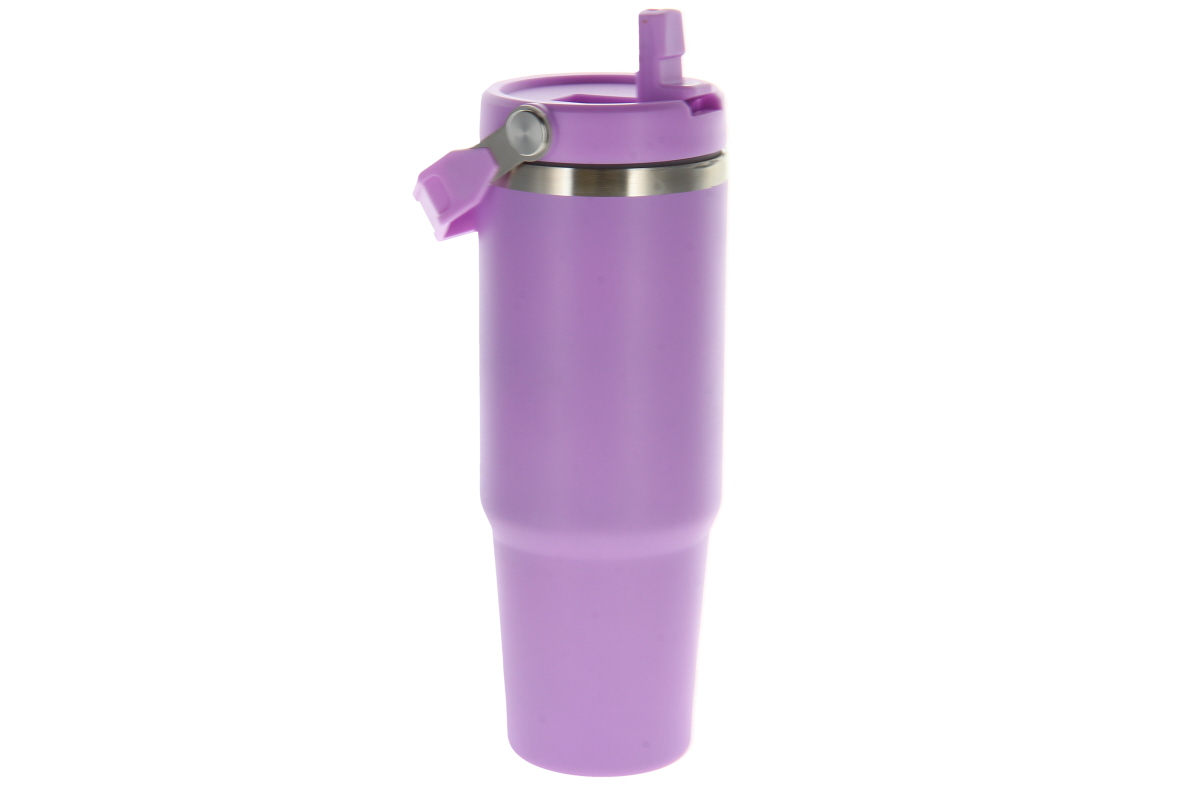 Cylindrisk, mattlila termokopp med ett uppfällbart sugrörsmunstycke i locket. Lila bärhandtag med silverfärgat led vid kanten. Lätt avsmalnande mot botten, tillverkad av rostfritt stål och plast, för kalla eller varma drycker.