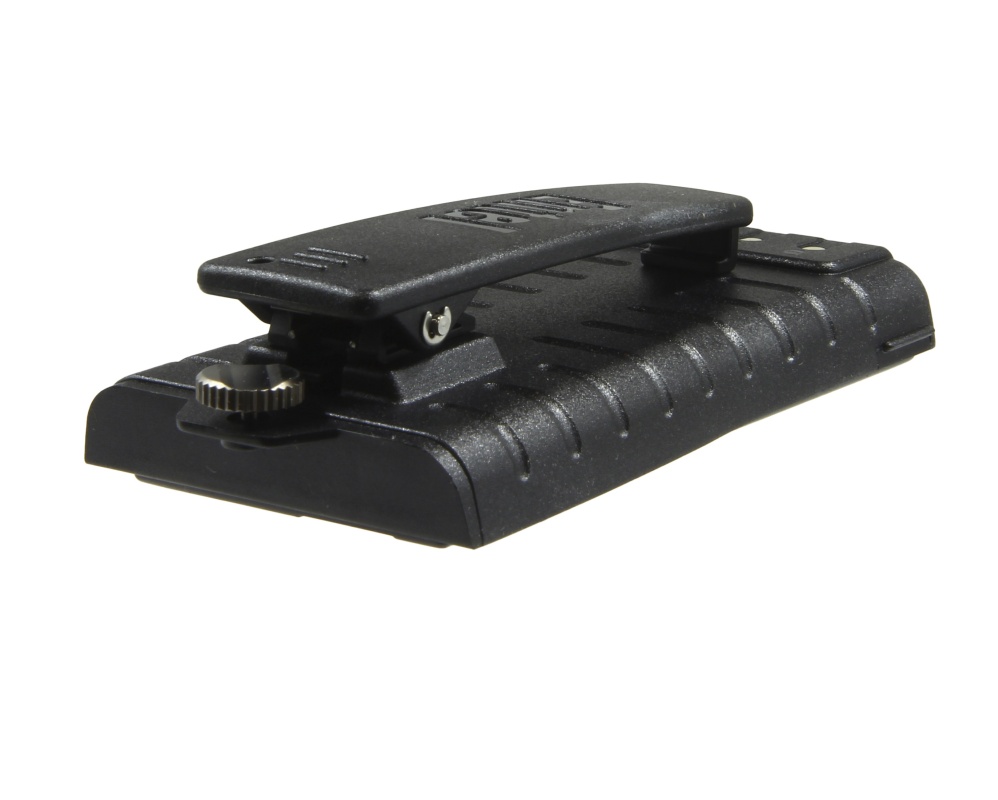 Black belt clip constructed from robust plastic for securely attaching Entel HT series devices. It features a ribbed surface and a sturdy metal twist lock for easy attachment, providing a reliable carrying solution.