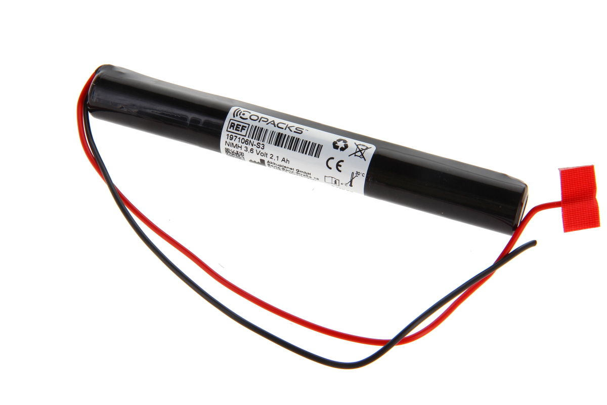 Black cylindrical NiMH battery pack from COPACKS. White label: ‘NiMH 3.6 V 2.1 Ah’ plus model number. Red and black cable at one end; the red cable has a small terminal tab. For emergency/safety lighting.