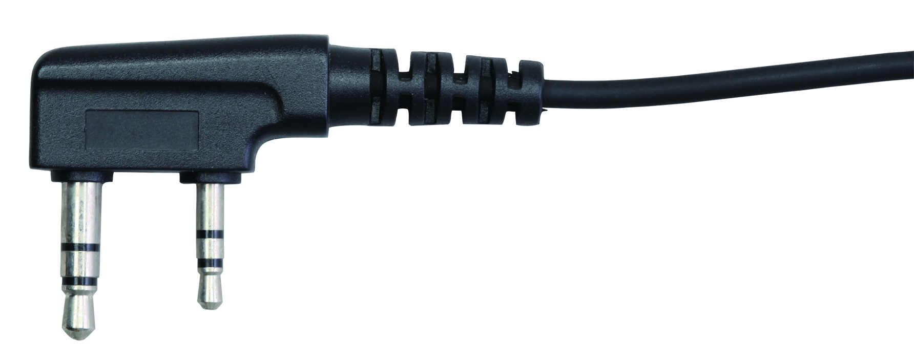 Doppio connettore jack nero angolato con due connettori argentati di dimensioni diverse, collegati con cavo nero. Compatibile con le cuffie CoPacks e le radio Kenwood come TK2202, TK2160, TK3202, TK3701.
