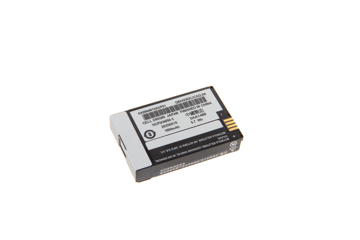 Grey/black ‘ Motorola ’ Li-ion battery with gold contacts, shown at a slight angle against a white background. The label shows the model number HKNN4013ASP01, a capacity of 1800mAh (6.7 Wh), and information on origin and manufacture.