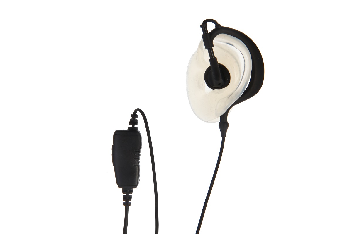 Black headset with a transparent, flexible ear hook and black earpiece. Thin cable for inline PTT with a microphone (small black box with a button) on a separate cable. CoPacks GES-P02 for Motorola CLP446e/CLPe.