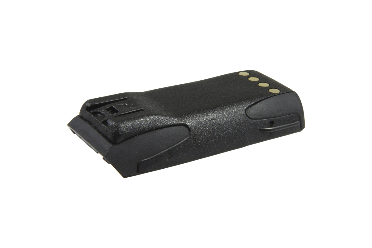 Batteria agli ioni di litio nera con superficie robusta e leggermente ruvida. Quattro contatti dorati su un'estremità per ricarica/collegamento. All'altra estremità connettore integrato con tacche/incavi, compatibile Tait TP8100/TP9300.