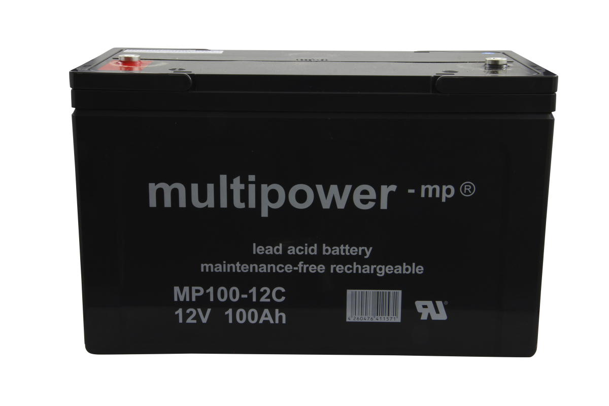 Black, cycle-resistant Multipower lead-acid battery MP100-12C, labelled ‘lead acid battery’ and ‘maintenance-free rechargeable’. Technical specifications ‘12V 100Ah’ visible. Red positive and blue negative screw terminals on top. Barcode on the front.
