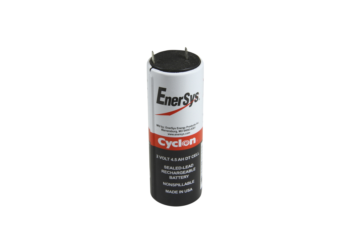 A cylindrical Enersys Hawker Cyclon lead-acid battery in white and black with a red band, standing upright. Two metal terminals are fitted at the top. Labelled: “2 VOLT 4.5 AH DT CELL”, “SEALED-LEAD RECHARGEABLE BATTERY”, “NONSPILLABLE”.