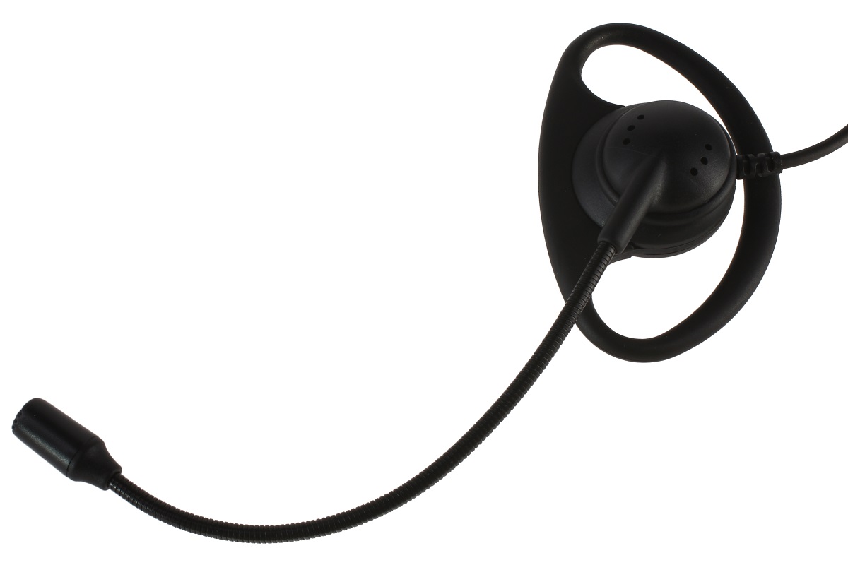 Schwarzes CoPacks Headset mit Ohrbügel zur Fixierung am Ohr. Flexibles Bügelmikrofon nach vorne gebogen, am Gehäuse befestigt. Modell ES-P06, für Motorola Funkgeräte, auf weißem Hintergrund.