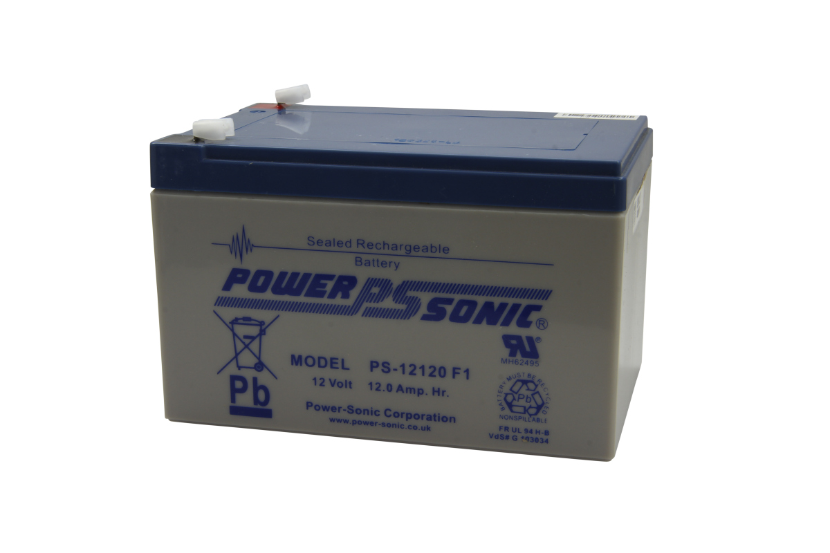 Grått, rektangulärt Power-Sonic bly-syra-batteri med mörkblått lock och vita poler. Framsida: ”POWER PS SONIC”, modell ”PS-12120 F1”, 12 V/12,0 Ah samt symboler som ”Pb” och en överstruken soptunna.