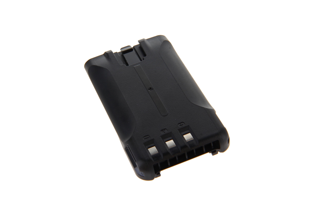 Batteria Li-ion KNB-65L nera rettangolare, compatibile con Kenwood TK-3501 e altre radio. Parte superiore opaca con nervatura verticale centrale; in basso tre contatti metallici quadrati argento e un punto incassato.