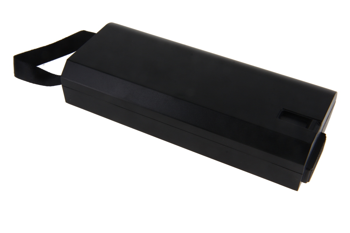 A black, oblong Li-ion battery with a slightly textured surface and rounded edges is shown diagonally on a white background. At one end is a black carrying strap; at the other, a recess with connectors for the R&S FSH4/FSH8.