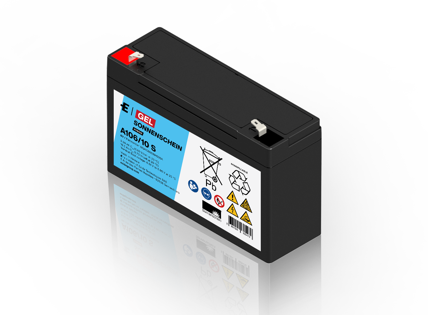 Batteria al piombo-gel Sonnenschein A106/10 S nera e rettangolare Exide con dicitura: 6 V, 10,0 Ah, simboli di avvertenza (bidone della spazzatura barrato, Pb). In alto due terminali, rosso e bianco, per polo positivo/negativo.