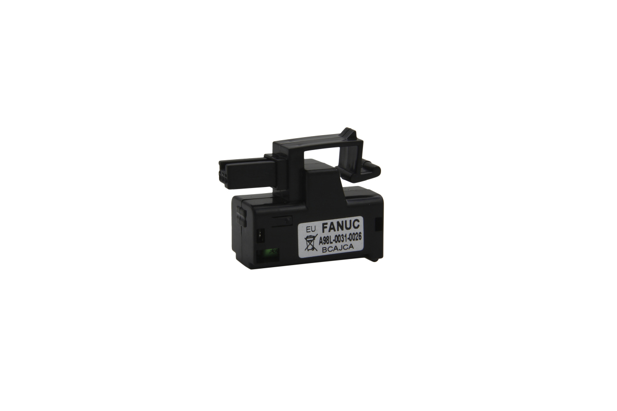 Black, rectangular lithium battery module for GE Fanuc controllers. Front features a white label reading ‘FANUC A98L-0031-0026’ and a waste disposal symbol. Connector and retaining clip on top; small green connector on the side.