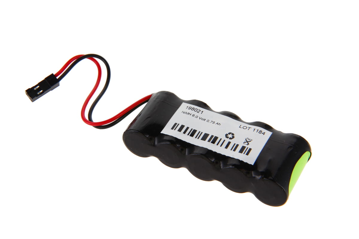 Batería recargable NiMH negra con celdas cilíndricas y etiqueta blanca «NiMH 6,0 voltios 0,75 Ah» y n.º de artículo. Cables rojo y negro a conector negro. Batería de repuesto para panel de control Stramatel.