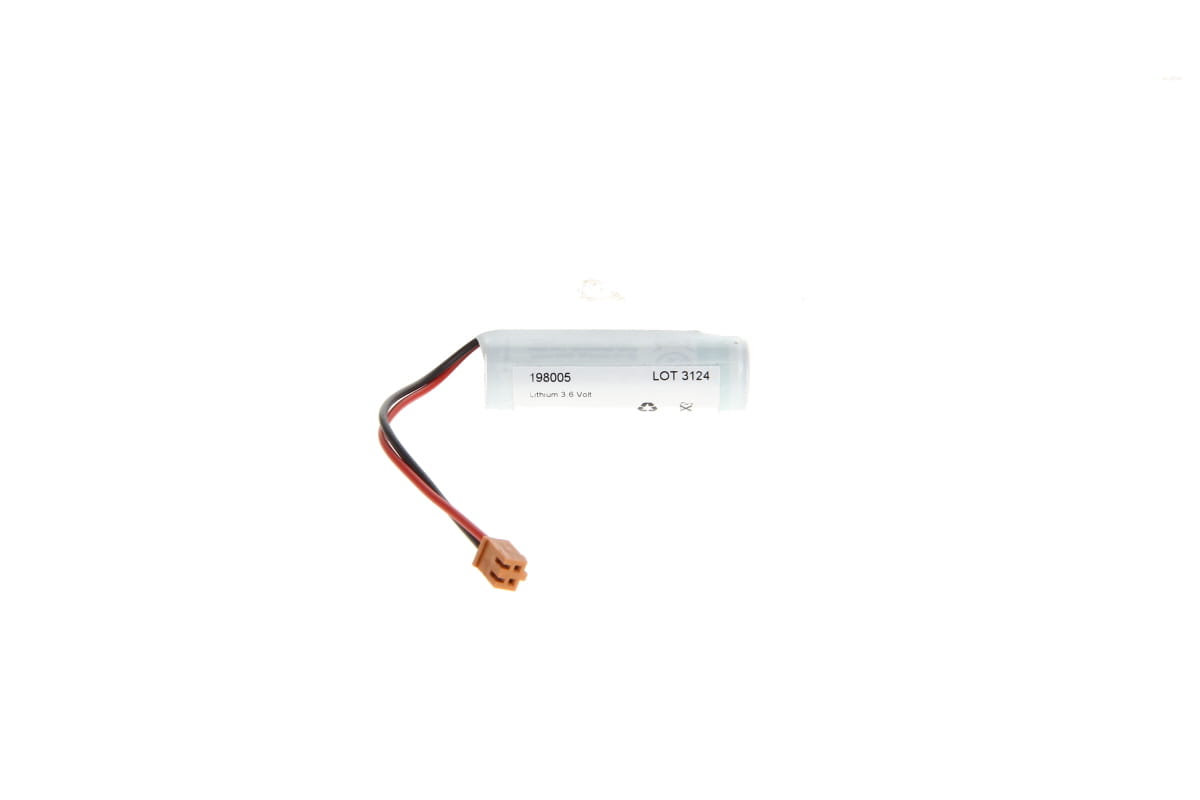 Cylindrical, white lithium battery marked ‘Lithium 3.6 Volt’ and ‘198005’. On one side, red and black cables lead to a small orange rectangular plug. Suitable for Omron, CS1W-BAT01 and other models.