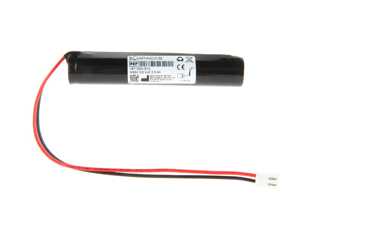 Zylindrische, schwarze NIMH-Batterie mit weißem Etikett oben. Darauf: COPACKS, Ref.-Nr. 197133N-S12, 3,6 V, 2,0 Ah. Von einem Ende führen rote und schwarze Kabel zu einem weißen 2-poligen Steckverbinder.