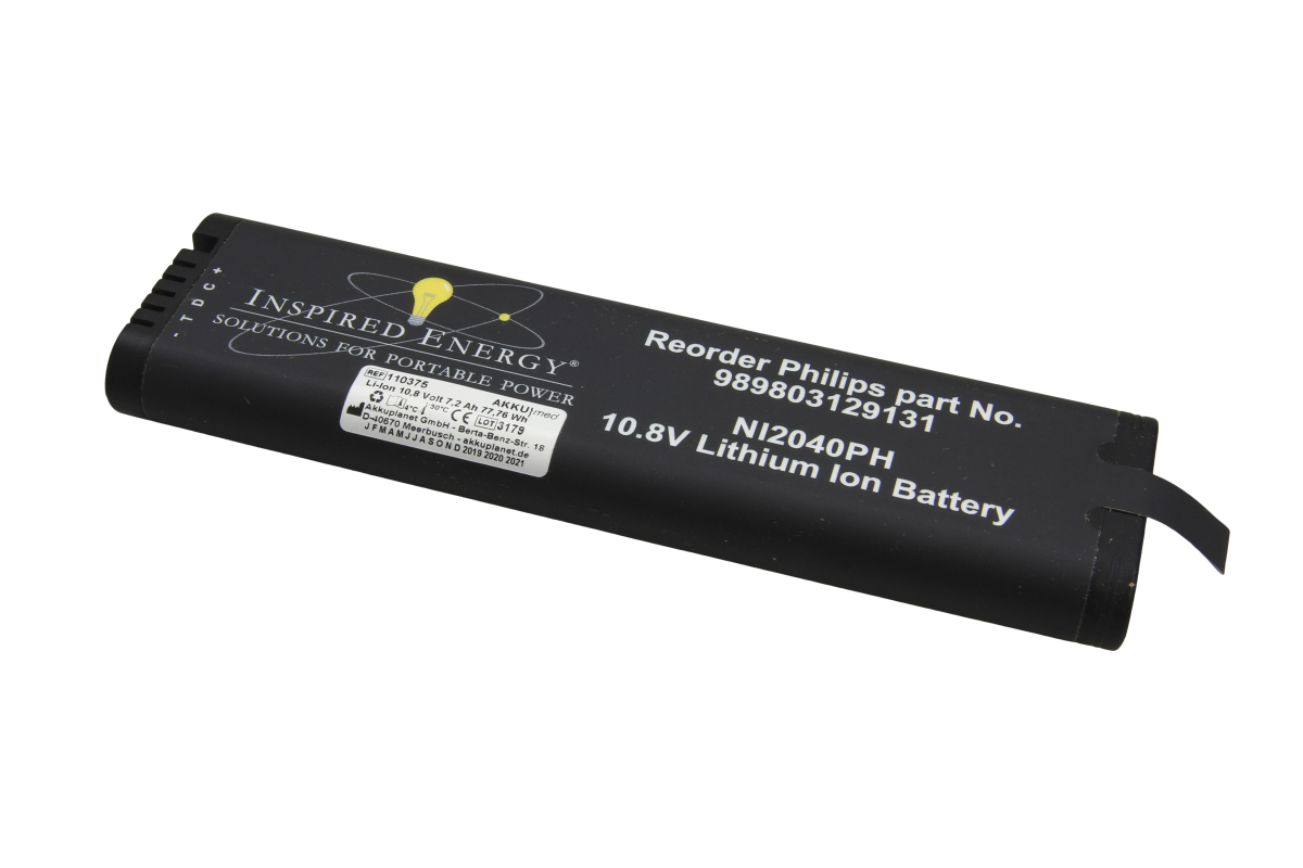 Svart, rektangulärt Li-Ion-batteri AKKUMED för Philips OptiGo ultraljudsapparater. Tryck: "10,8V litiumjonbatteri", "NI2040PH", Philips ordernr. 989803129131. Ersättningsbatteri för bärbar medicinsk utrustning, 7,2 Ah.