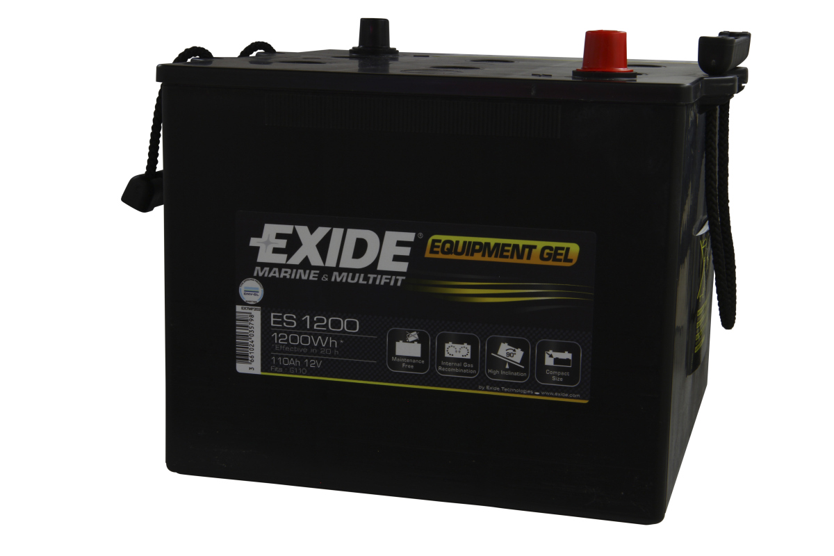 Una batteria al gel nera Exide modello ES1200 con poli di collegamento rossi e neri nella parte superiore. È dotata di maniglie laterali e di una grande etichetta che riporta la scritta "Exide EQUIPMENT GEL" e specifiche quali "ES 1200" e "110Ah 12V".