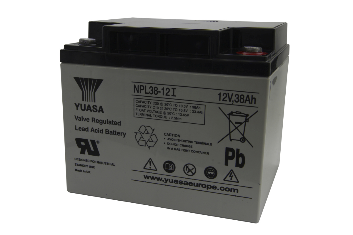 Yuasa YuasaYuasa’s grey lead-glass fibre mat battery (NPL38-12 I) with a black top and clearly visible positive and negative terminals. Labelling: ‘Yuasa’ logo, 12V, 38Ah, and warning symbols regarding recycling and handling.