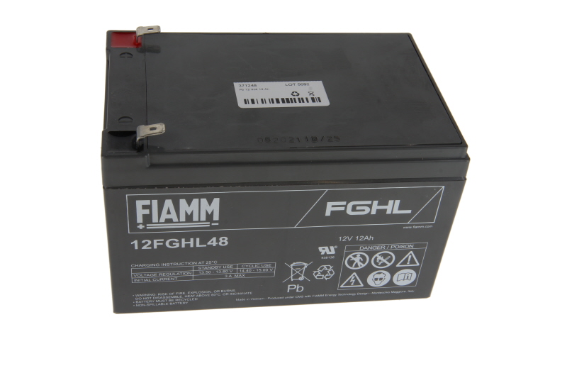 Dark grey FIAMM lead-acid battery, type 12FGHL48, with two bare metal terminals on top, one marked in red. Front: ‘ FIAMM ’ logo, model, capacity ‘12V 12Ah’, charging instructions and hazard symbols.