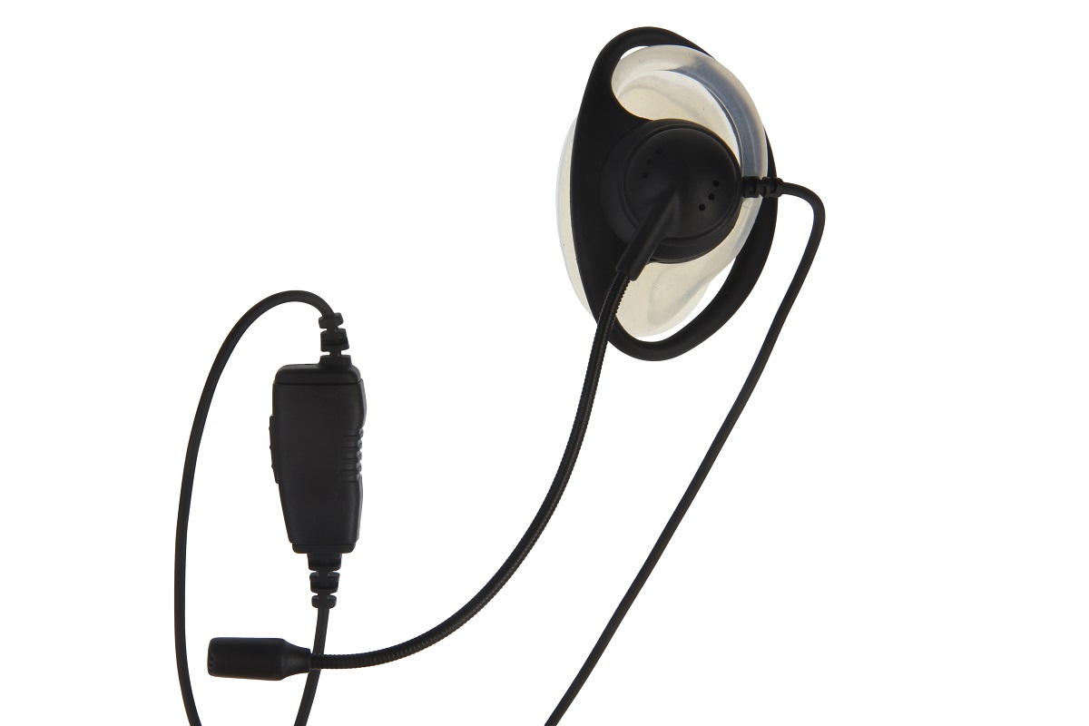Cuffia nera ES-P06 di CoPacks con archetto trasparente e auricolari. Un pulsante di trasmissione (PTT) e un microfono su un braccio flessibile sono collegati tramite un cavo predisposto per le radio.