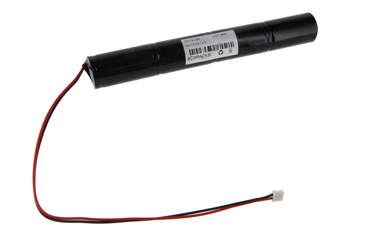 Schwarzer, zylindrischer CoPacks NiCd Akkupack 4,8 V/1,8 Ah für Not- und Sicherheitsbeleuchtung. Geschrumpfte Säule; am Ende rote und schwarze Kabel mit kleinem weißem JST EHR-02 Stecker.