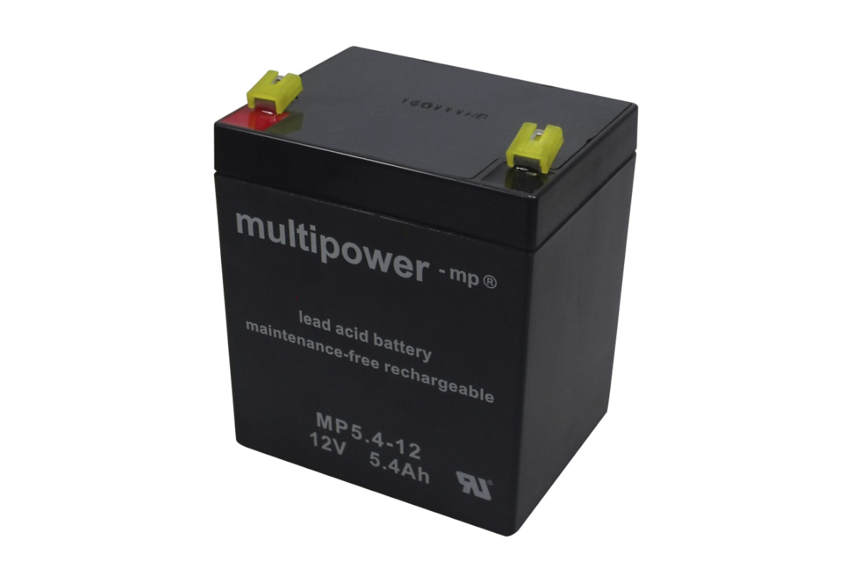 Black, rectangular Multipower MP5.4-12 lead-acid battery, 12 V and 5.4 Ah. Two terminals on top with yellow protective caps; positive terminal marked in red. Labelling: maintenance-free, rechargeable lead-acid battery.
