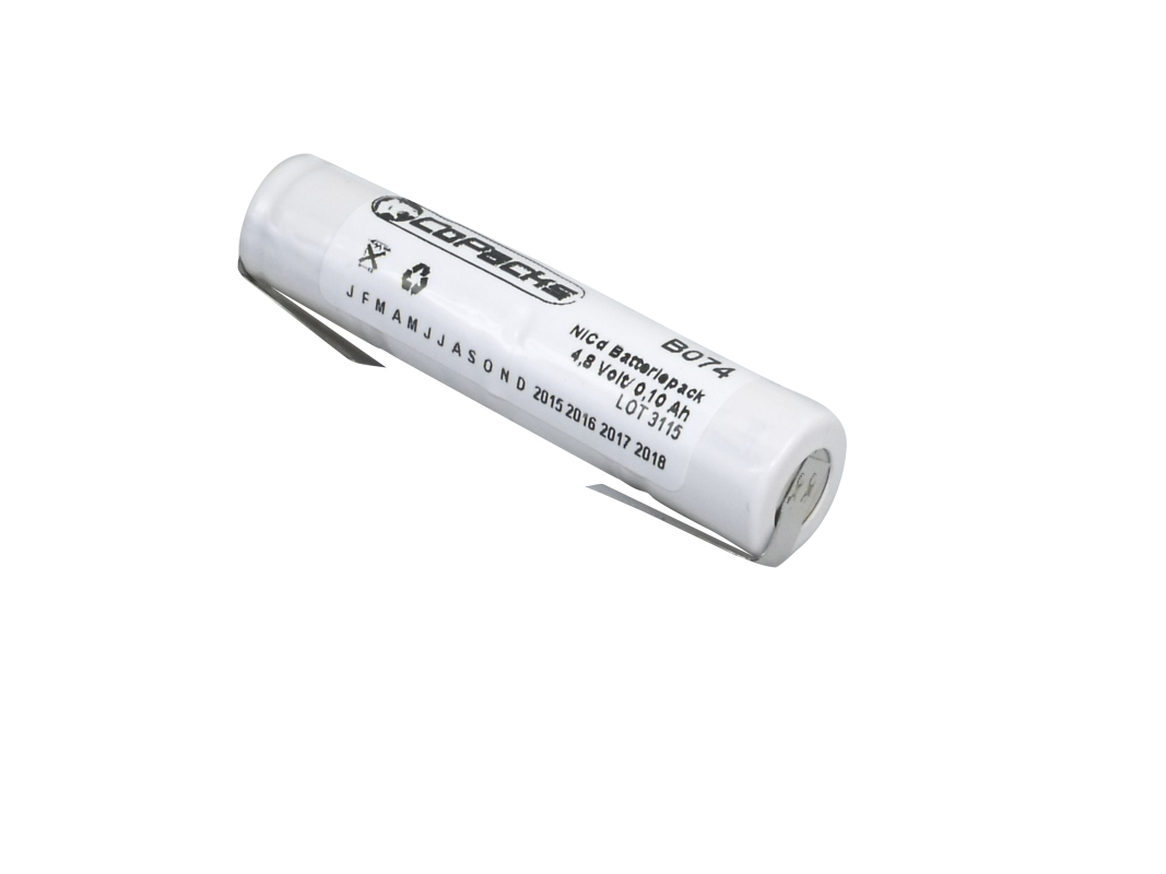 A white, cylindrical ‘ COPACKS ’ NC battery with black lettering reading ‘NiCd battery pack’, ‘4.8 volts / 0.10 Ah’ and model number ‘B074’. It features disposal symbols and years of manufacture. This battery is suitable for the Bosch pager.
