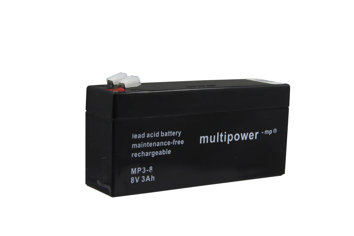 Svart, rektangulärt Multipower blybatteri MP3-8 (8 V, 3,0 Ah). Två vita Faston-kontakter på ovansidan, varav en rödmärkt. Vit märkning: underhållsfritt, uppladdningsbart blybatteri från Multipower.