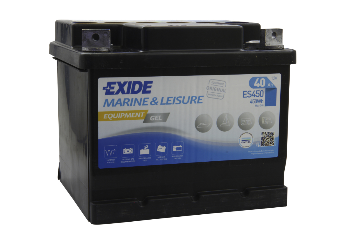 Batteria al gel ES450 (40 Ah, 12 V) Exide nera su sfondo bianco. Etichetta: "MARINE & LEISURE EQUIPMENT GEL", "450 Wh", "Compatibile con: G40", con pittogrammi di imbarcazioni e veicoli da diporto.