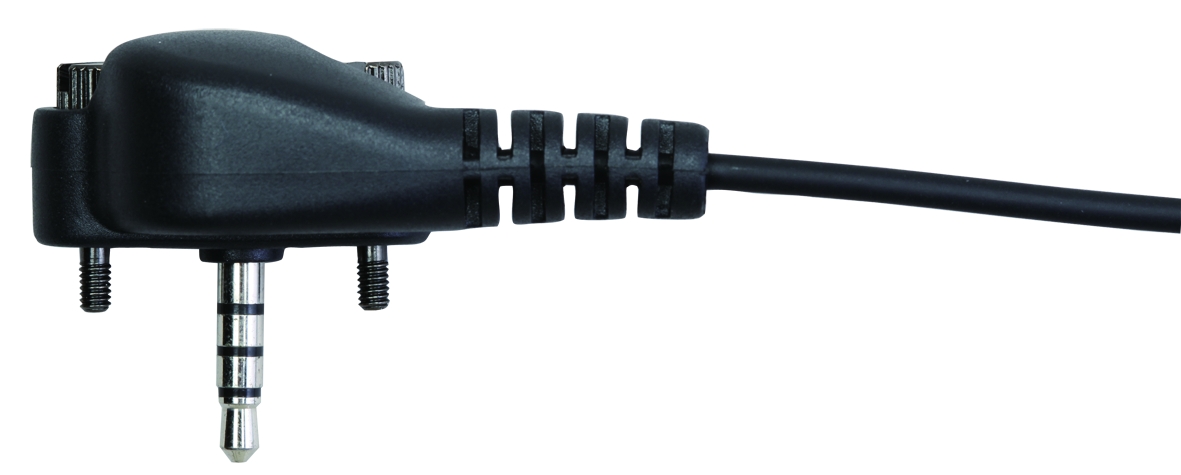 Connettore nero per microfono ad altoparlante, compatibile con le radio Yaesu/Vertex. Dotato di connettore jack a quattro poli, due viti di fissaggio laterali e un robusto cavo nero che fuoriesce orizzontalmente dall'alloggiamento.