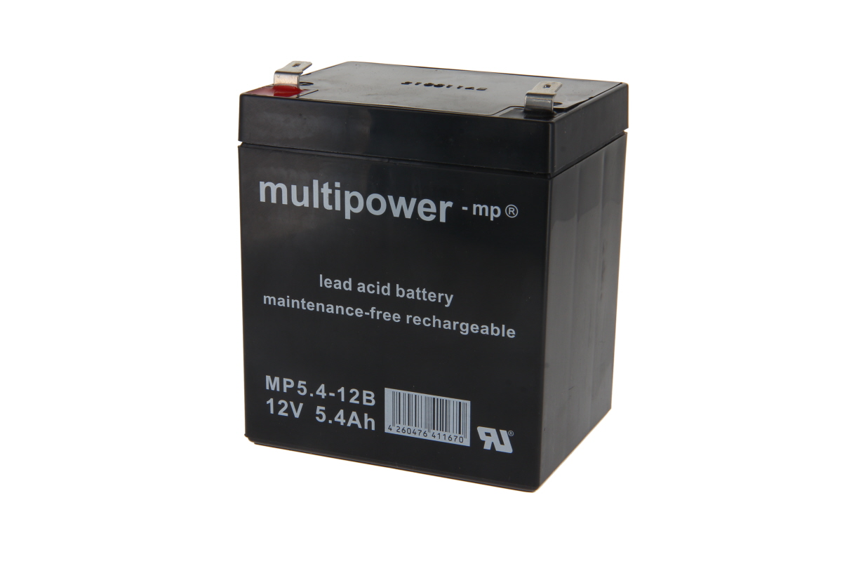 Black Multipower MP5.4-12B lead-acid battery with inscriptions ‘Multipower’, ‘lead acid battery’, ‘maintenance-free rechargeable’ and ‘12V 5.4Ah’. Two silver Faston terminals on top, one marked red, and a visible barcode.