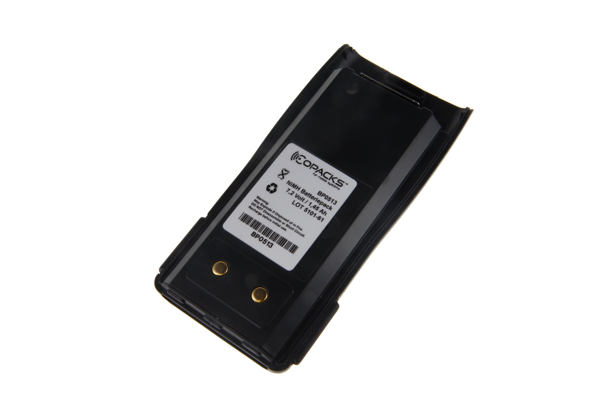 Black, rectangular NiMH battery from CoPacks, slightly angled, with two gold contacts. White label: ‘ CoPacks ’ logo, ‘NiMH battery pack BP0513’, ‘7.2 V / 1.45 Ah’ and safety warnings. Compatible with Alan HP70/HP446/HP105/HP405.