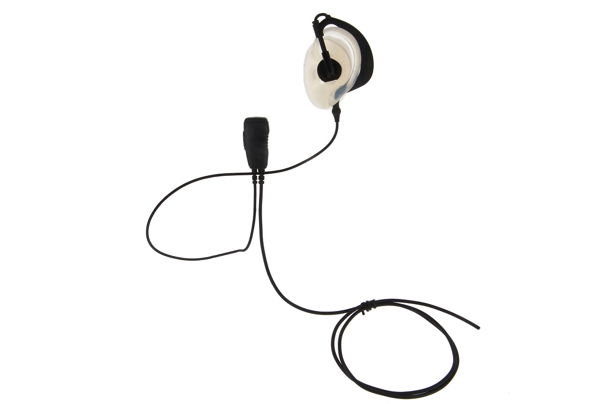 Cuffie nere per CoPacks, con auricolari trasparenti, archetto flessibile e piccolo microfono a clip nero. Cavi neri collegano i componenti su sfondo bianco. Cuffie per Sepura STP8000/STP9000.