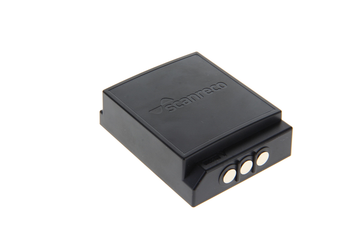 Black, rectangular Li-ion battery for the Palfinger Scanreco G6 with an embossed Scanreco logo on the top. On one short side, there are three round, silver-coloured charging contacts set in a recess. White background.