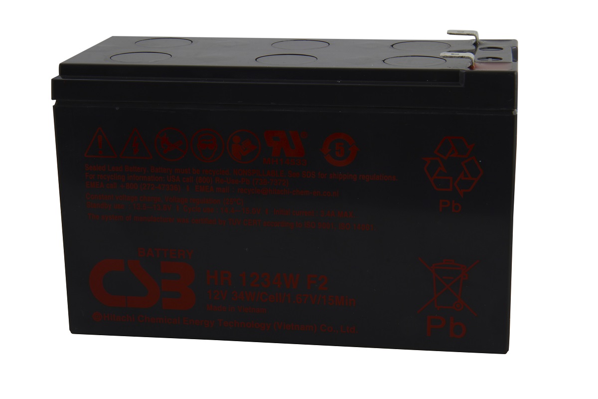 Batteria al piombo-gel CSB HR1234WF2 nera, rettangolare, visibile lateralmente e dall'alto. Nella parte superiore 6 cappucci rotondi e due terminali Faston argentati da 6,3 mm. Scritte in rosso: CSB BATTERY, HR 1234W F2, 12V 34W/Cell.
