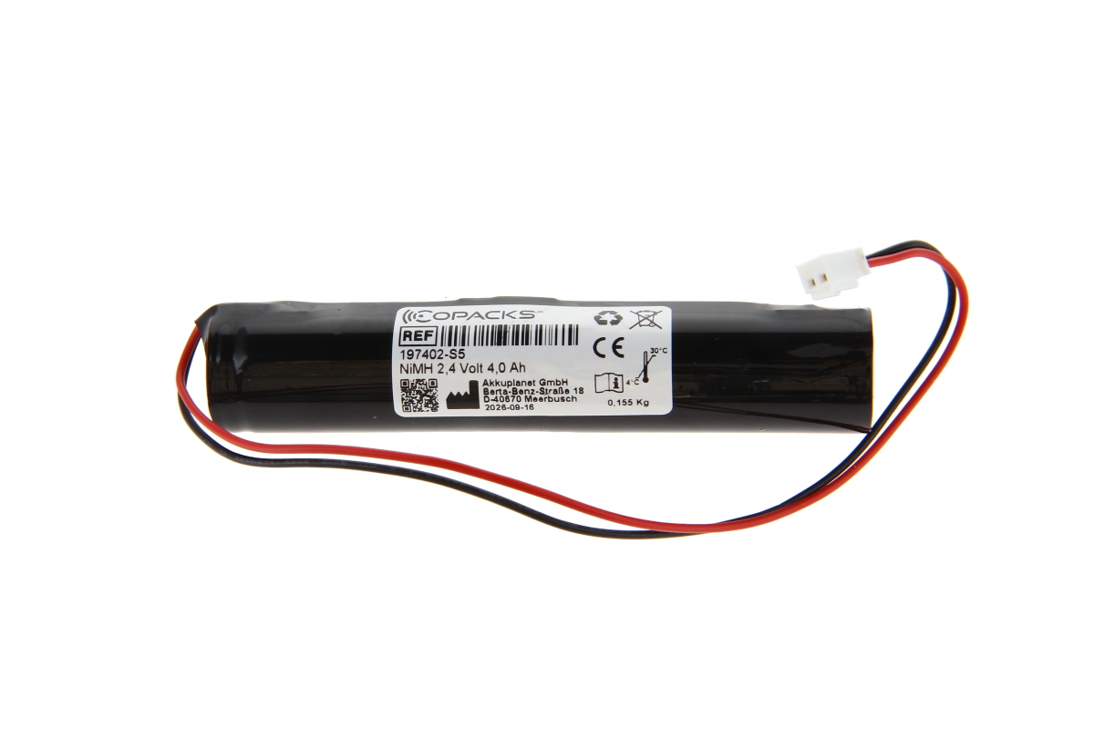 A black, cylindrical CoPacks NiMH battery pack marked ‘NiMH 2.4 Volt 4.0 Ah’ and bearing the reference number 197402-S5. Red and black cables with a white Molex connector are attached to one end, suitable for emergency and safety lighting.