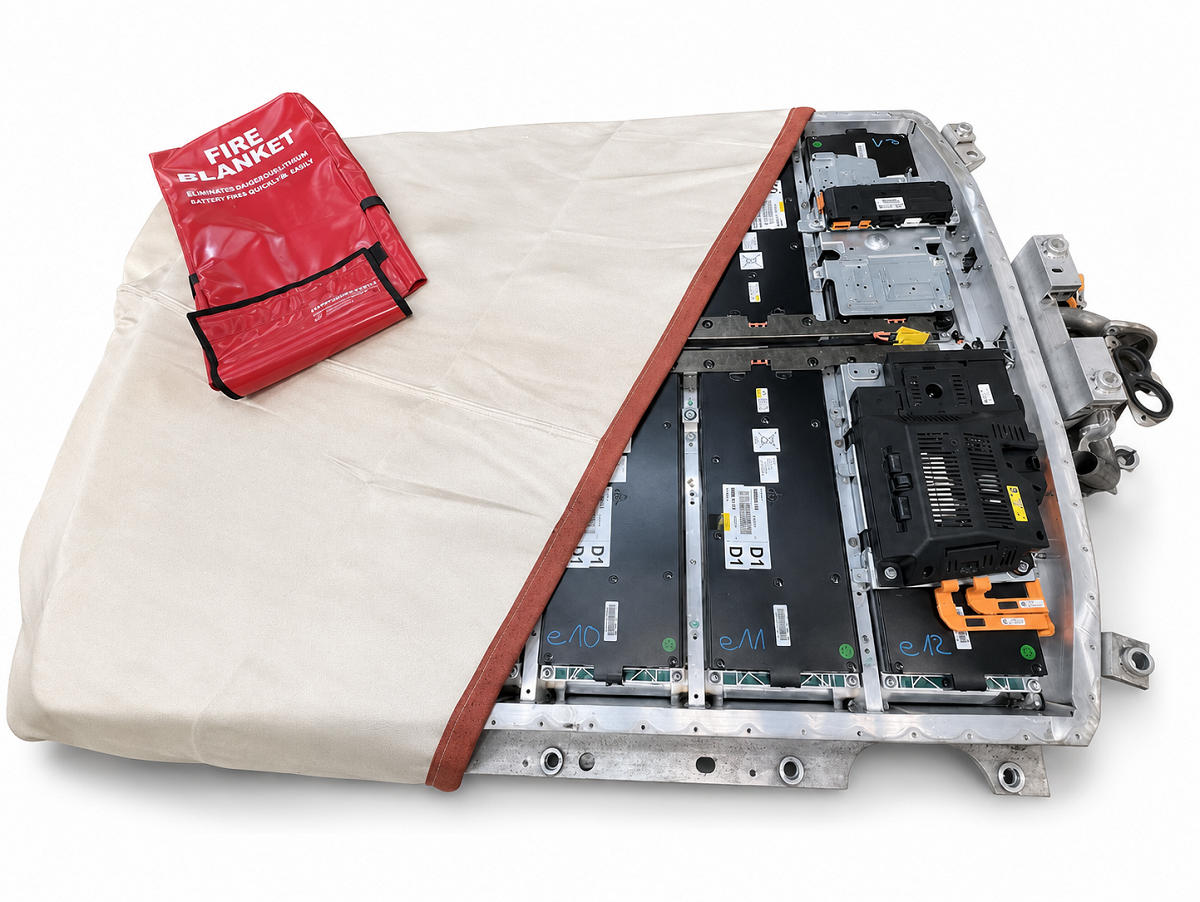 En krämfärgad, brandsäker S-TYPE-brandbegränsningsfilt täcker delvis ett öppnat högspännings-/litiumjonbatterimodul med svarta celler och elektronik i ett metallhölje. En röd ”FIRE BLANKET”-påse ligger redo.