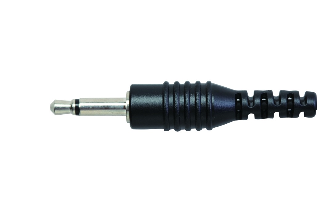 Straight 3.5 mm jack plug in silver with two black insulators. It transitions from a black, ribbed strain relief section into a smooth, black cable. For connecting the GES-B4 earphones from CoPacks to the control unit.