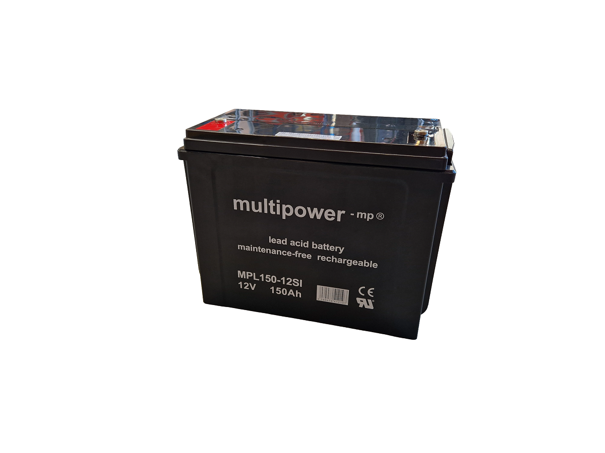 Black, rectangular Multipower lead-acid battery MPL150-12SI (12 V, 150 Ah). The front bears the inscriptions ‘lead acid battery’ and ‘maintenance-free rechargeable’. The terminals are on the top; the positive terminal is marked with a red cap.