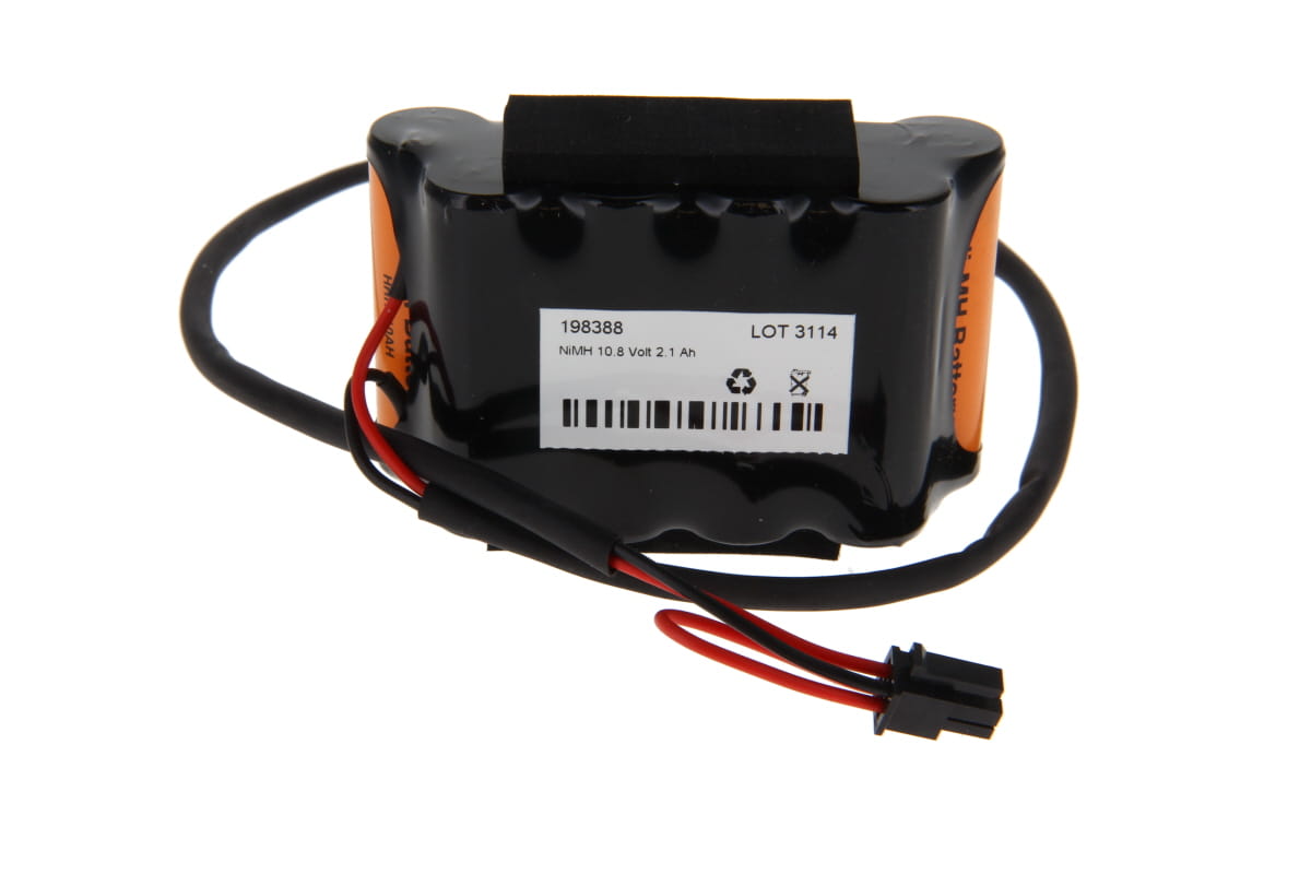 Black NiMH battery pack, wrapped in orange on the sides, with a white label on top reading ‘NiMH 10.8 Volt 2.1 Ah’. Two cables (red/black) with matching black plugs. Suitable for Velux roller shutter motors.