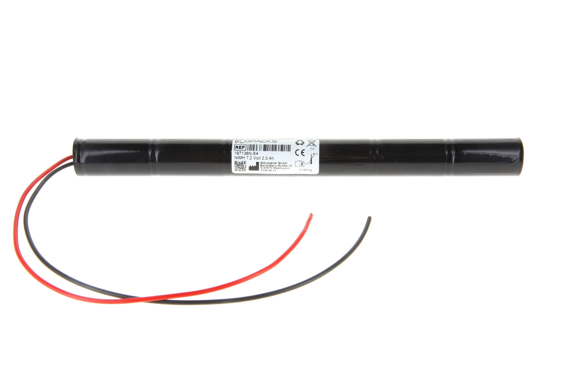 Schwarze zylindrische NiMH-Batterie mit 7,2 Volt und 2,0 Ah auf weißem Hintergrund. Von einem Ende führen ein rotes und ein schwarzes Kabel weg. Weißes Etikett: Ref.-Nr. 197136N-S4, Herstellerinfos, CE-Zeichen.