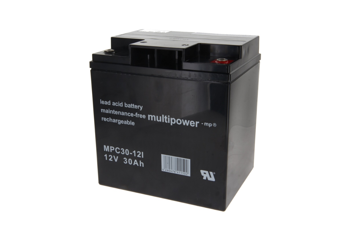 Multipower black lead-acid battery MPC30-12I, cycle-resistant, 12 V, 30.0 Ah. M6 screw terminals on top; right terminal has red mark for positive. Product name and performance data printed on the side.