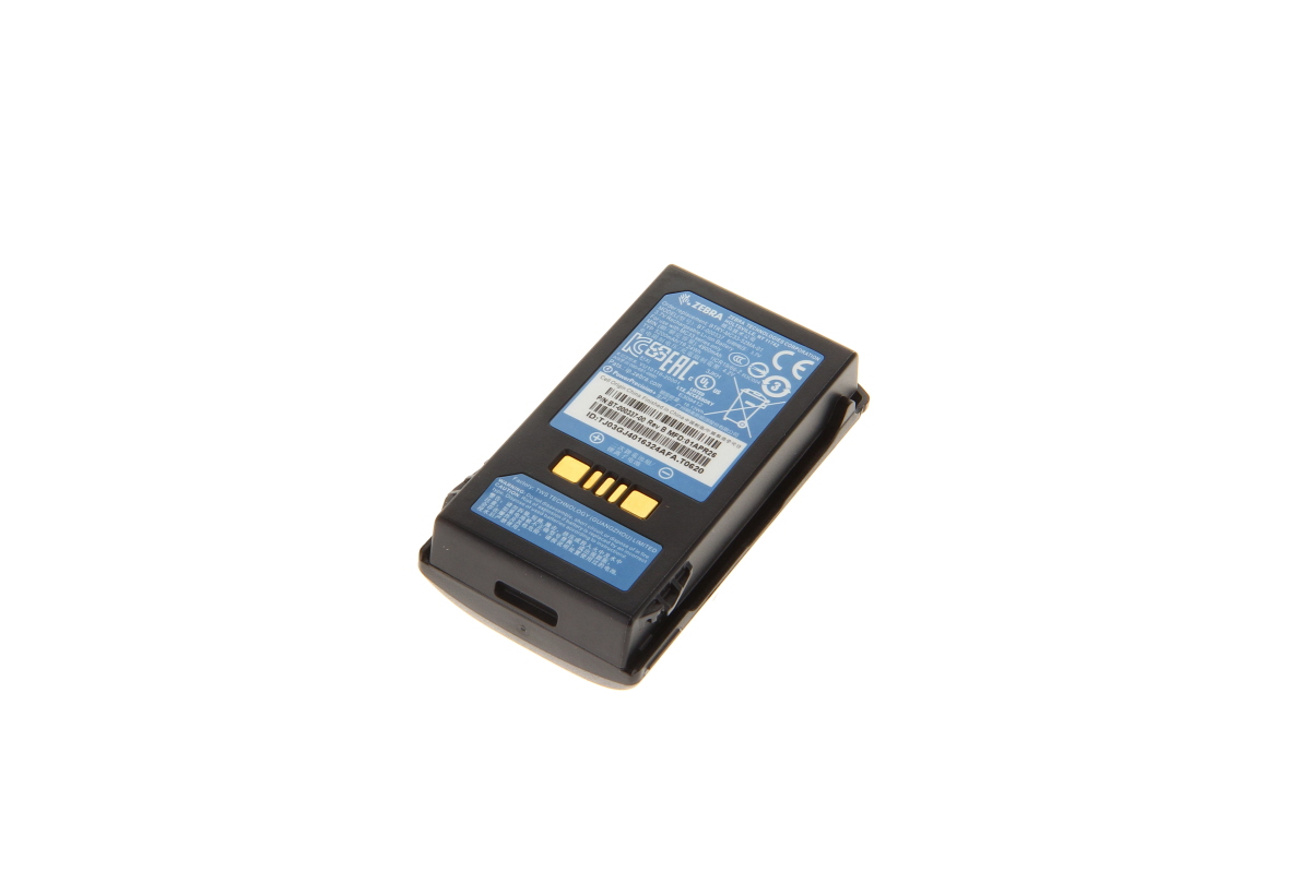 Black, rectangular ‘ Zebra ’ Li-ion battery for the MC3200/MC3300, model BTRY-MC33-52MA-01, shown at a slight angle against a white background. Blue label featuring the ‘ Zebra ’ logo, four gold contacts. 5200 mAh, high capacity.