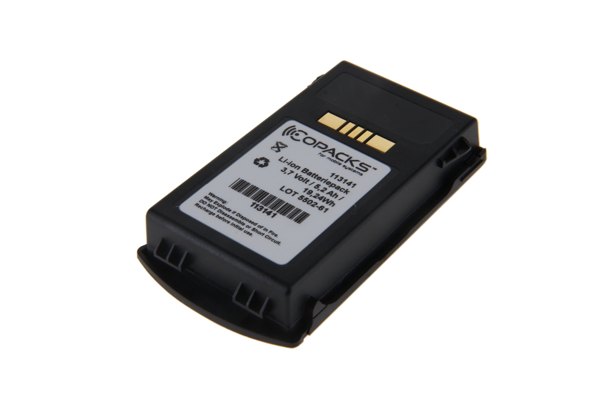 Black rectangular CoPacks Li-ion battery pack, angled above on white background. White label with CoPacks logo, Li-ion battery pack, 3.7 V / 5.2 Ah / 19.24 Wh and barcode. Suitable for Zebra MC3200/MC3290/MC3300.