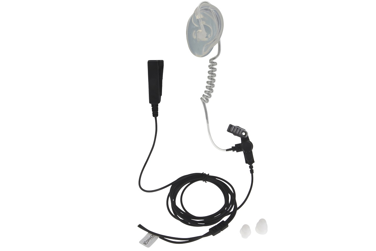 COPACKS GES-PB4 headset with transparent sound tube and moulded earpieces. Microphone integrated into the cable with PTT button and clip. Black cable in a loop, ending in a plug. Includes 2 spare earpieces.