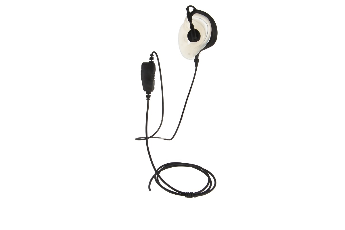 Black headset with a transparent, flexible ear hook and in-ear earpieces. Cable connected to a black inline PTT and microphone unit with a clip. A coiled cable connects the headset to the handset. For the Motorola CLP446e/CLPe series.