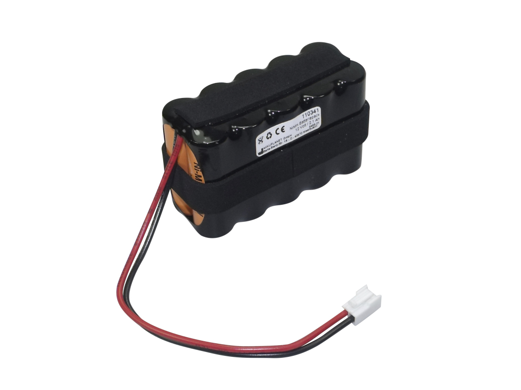 Compact black NiMH battery pack, rectangular in shape, comprising several cylindrical cells. Encased in black material. With red and black cables leading to a small white connector. Replacement for Medela suction pumps, 12 V, 2.1 Ah.