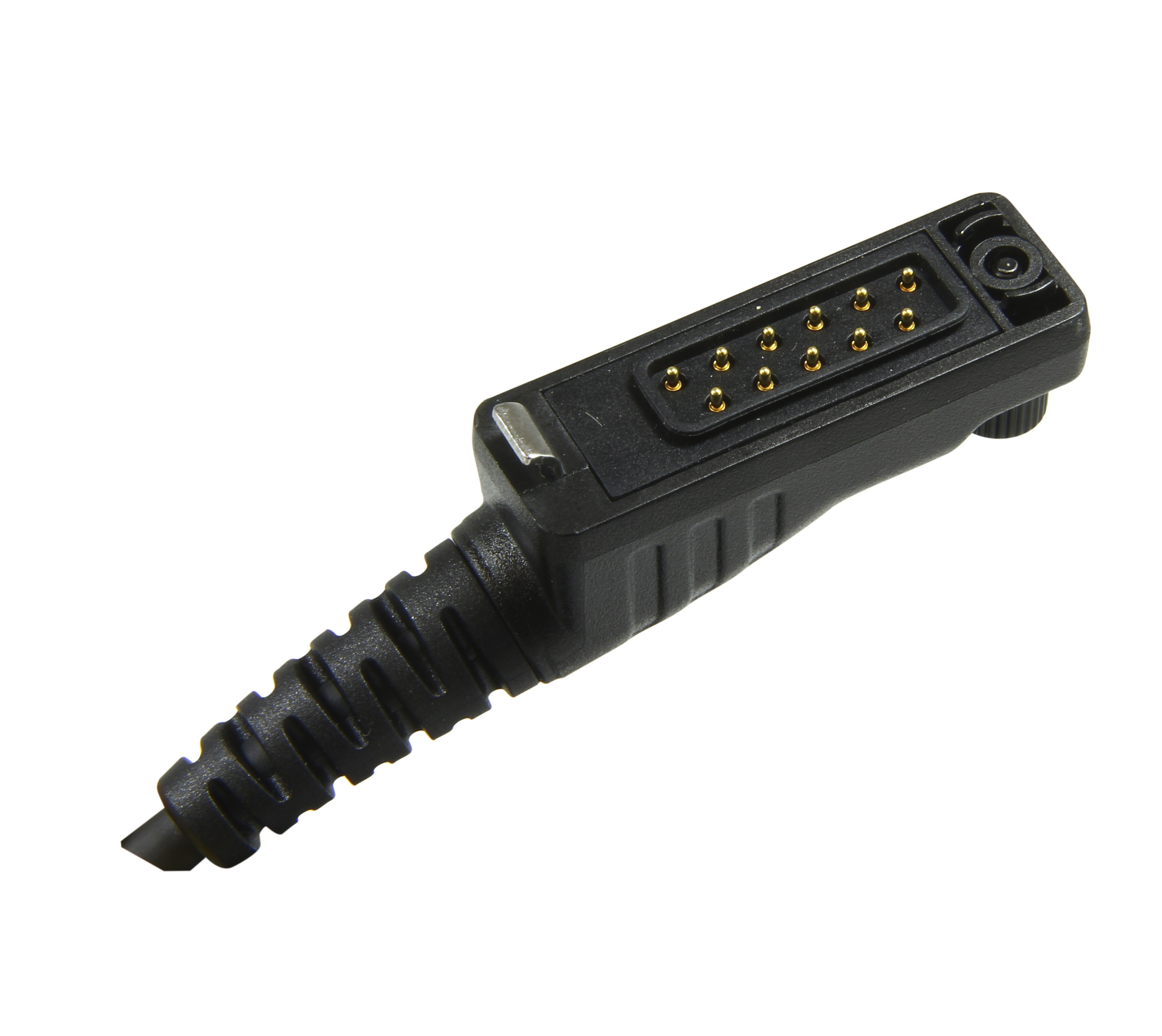 Connettore Nexus nero e robusto con 10 contatti dorati diagonali su sfondo bianco. Superficie scanalata e protezione anti-piega cavo, compatibile con microfono altoparlante TITAN MMW20 e radio Sepura.
