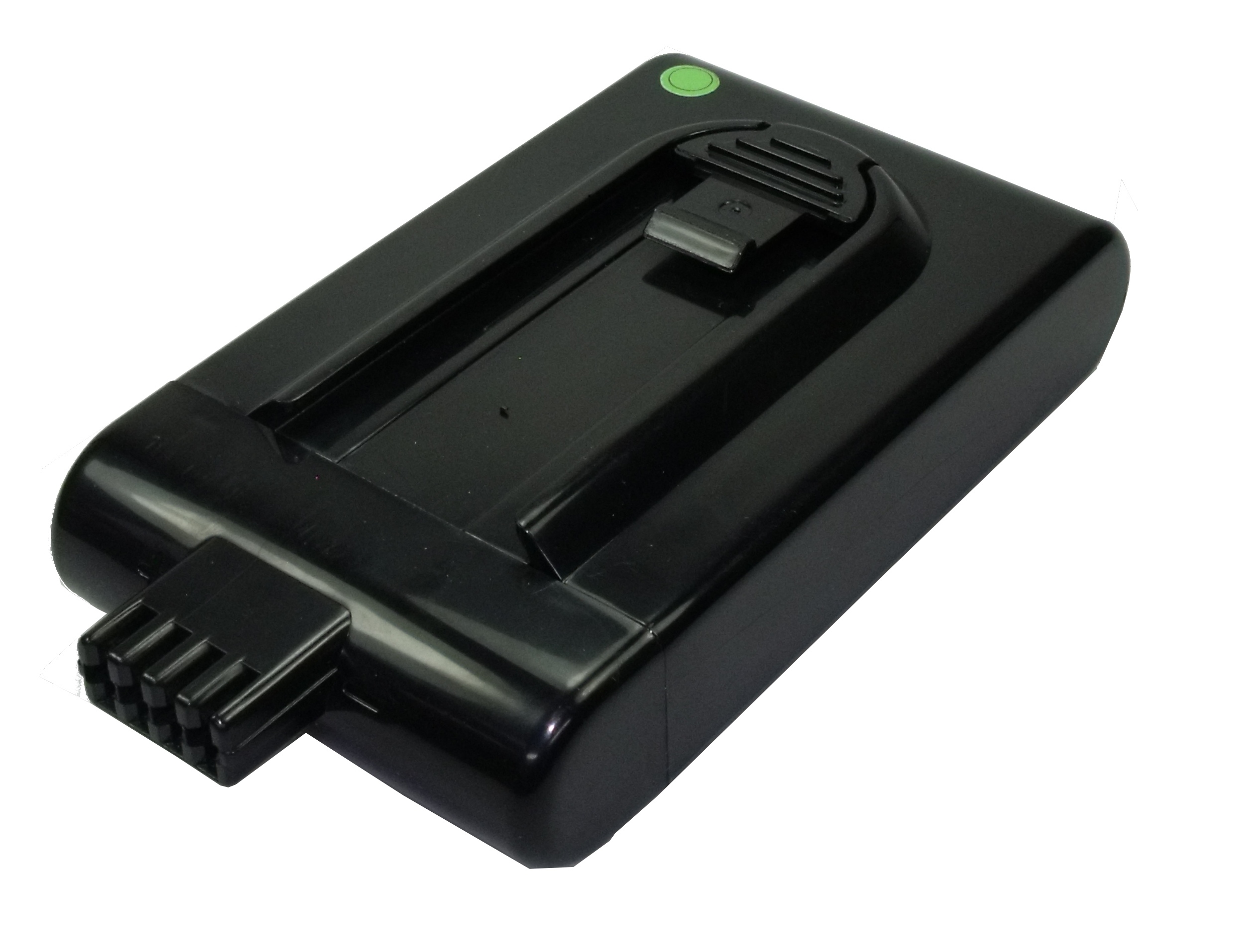 Black, rectangular Li-ion battery for Dyson DC12 and DC16 upright vacuum cleaners, with rounded corners. Deep, elongated recess at the top with a transparent locking mechanism. One end: 4 silver contact pins; the other: a round green mark.
