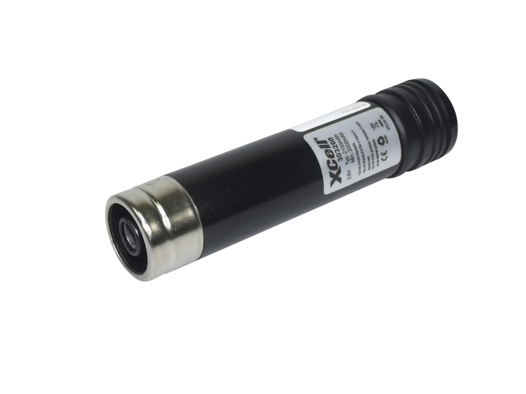 Cylindrical black NiMH battery with a shiny silver metal contact at one end and a ribbed black cap at the other. White label: Xcell, 3.6V, 2100mAh. Suitable for Black & Decker Versa Pak VP models.